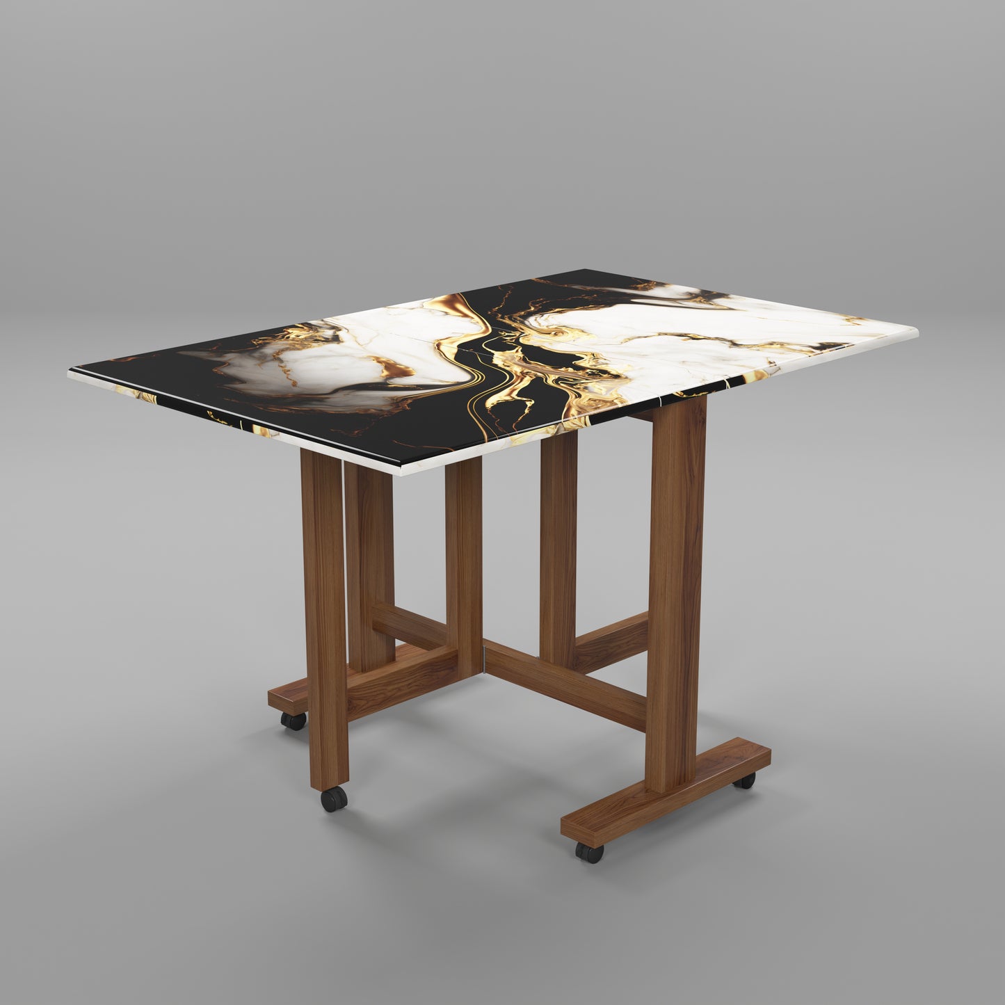 Folding Dining Table( Rectangular, White and Black with Gold Marble, Natural Wooden Frame)