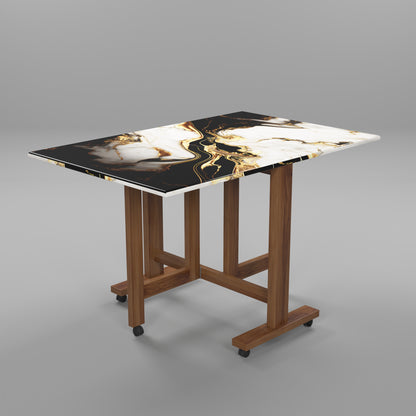 Folding Dining Table( Rectangular, White and Black with Gold Marble, Natural Wooden Frame)