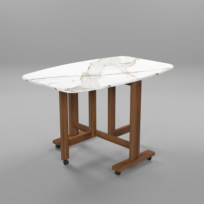 Folding Dining Table( Italian, White with Gold Marble, Natural Wood Metal Frame)
