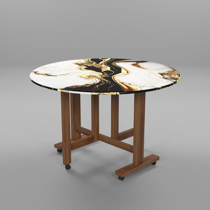 Folding Dining Table( Round, White and Black with Gold Marble, Natural Wooden Frame)