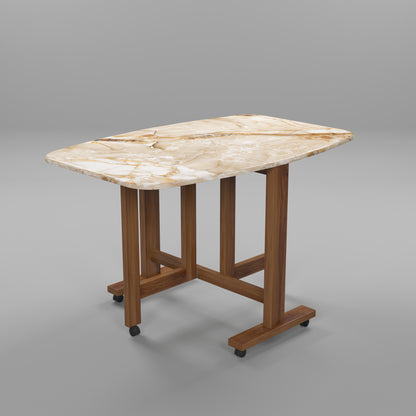 Folding Dining Table( Italian, Gold Marble, Natural Wood Metal Frame)