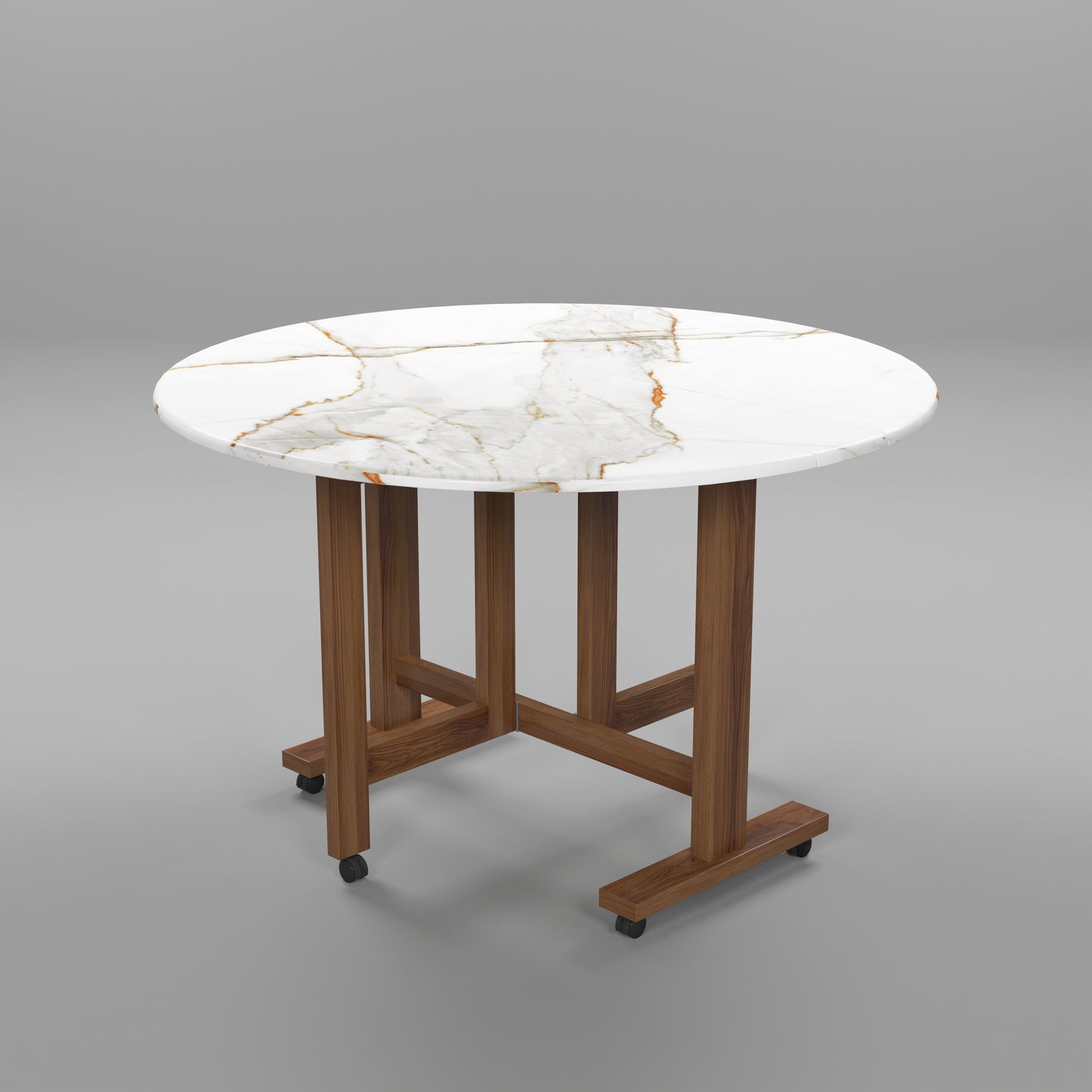 Folding Dining Table( Round, White Marble, Natural Wooden Frame)