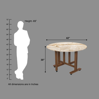 Folding Dining Table( Round, Gold Marble, Natural Wooden Frame)