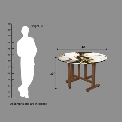 Folding Dining Table( Round, White and Black with Gold Marble, Natural Wooden Frame)