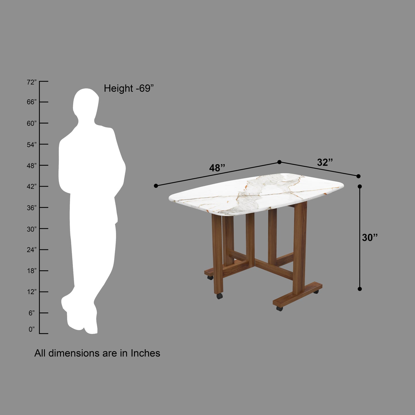 Folding Dining Table( Italian, White with Gold Marble, Natural Wood Metal Frame)