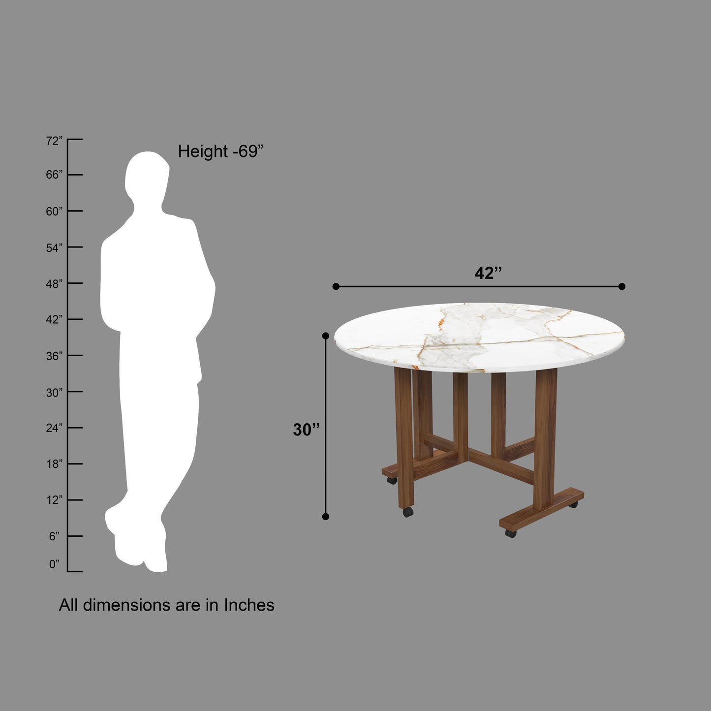 Folding Dining Table( Round, White Marble, Natural Wooden Frame)