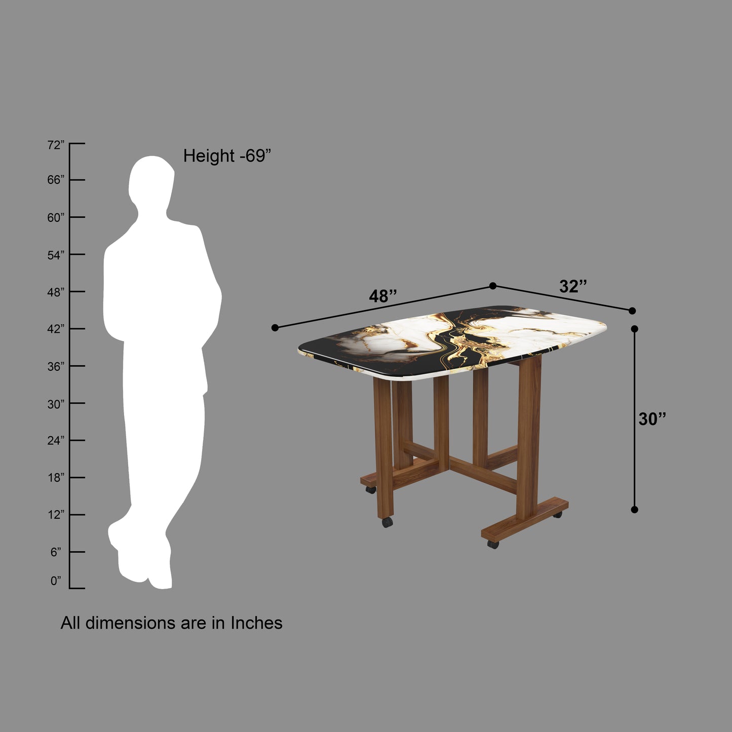 Folding Dining Table( Italian, White and Black with Gold Marble, Natural Wood Frame)