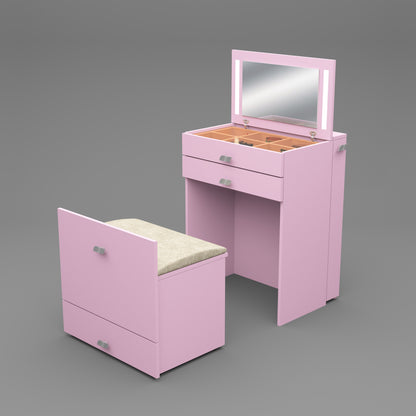 Wooden Vanity Table with Hidden Jewelry Storage, Drawers & Lift-Up Mirror (Pink)