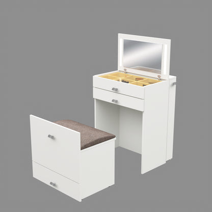 Wooden Vanity Table with Hidden Jewelry Storage, Drawers & Lift-Up Mirror (White)