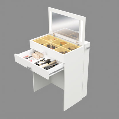 Wooden Vanity Table with Hidden Jewelry Storage, Drawers & Lift-Up Mirror (White)