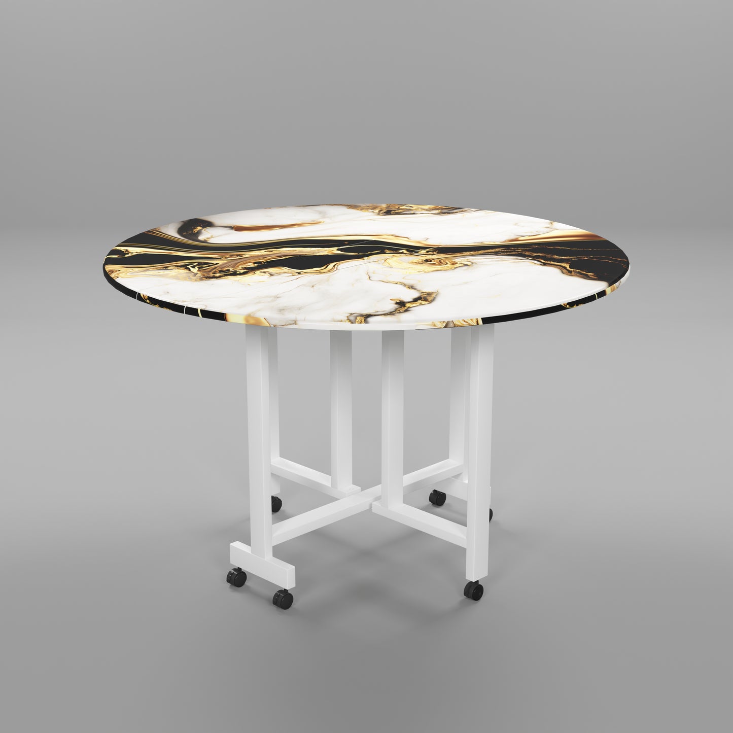 Folding Dining Table( Round, White and Black with Gold Marble, White Metal Frame)