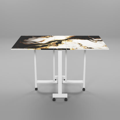 Folding Dining Table(Rectangular, White and Black with Gold Marble, White Metal Frame)