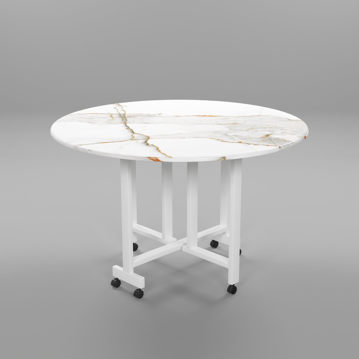 Folding Dining Table( Round, White with Gold Marble, White Metal Frame)