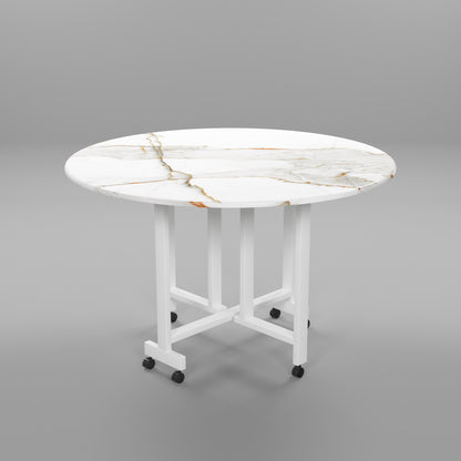 Folding Dining Table( Round, White with Gold Marble, White Metal Frame)