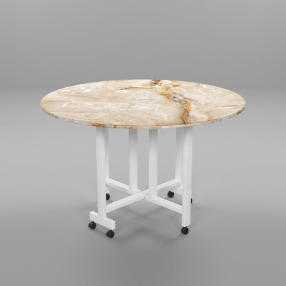 Folding Dining Table( Round, Gold Marble, White Metal Frame)