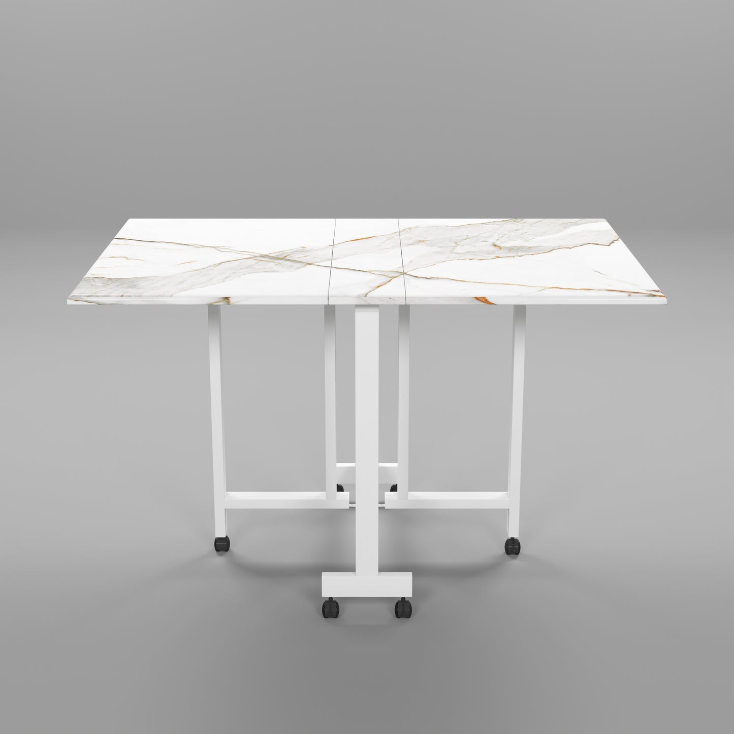Folding Dining Table(Rectangular, White with Gold Marble, White Metal Frame)