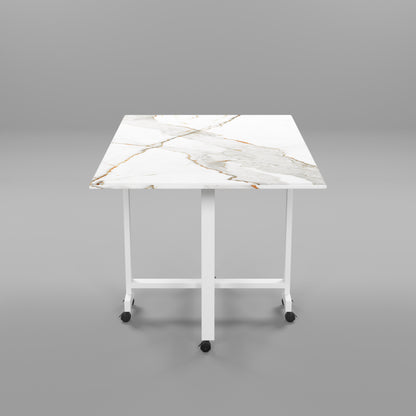 Folding Dining Table(Rectangular, White with Gold Marble, White Metal Frame)