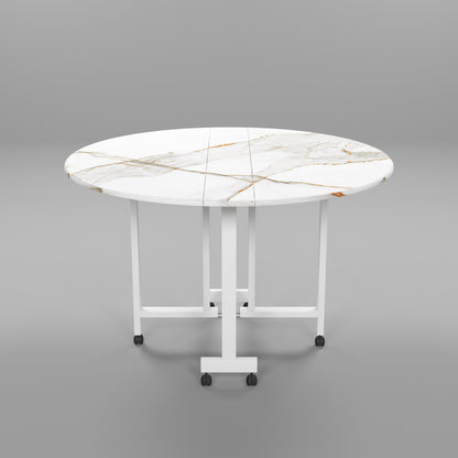 Folding Dining Table( Round, White with Gold Marble, White Metal Frame)