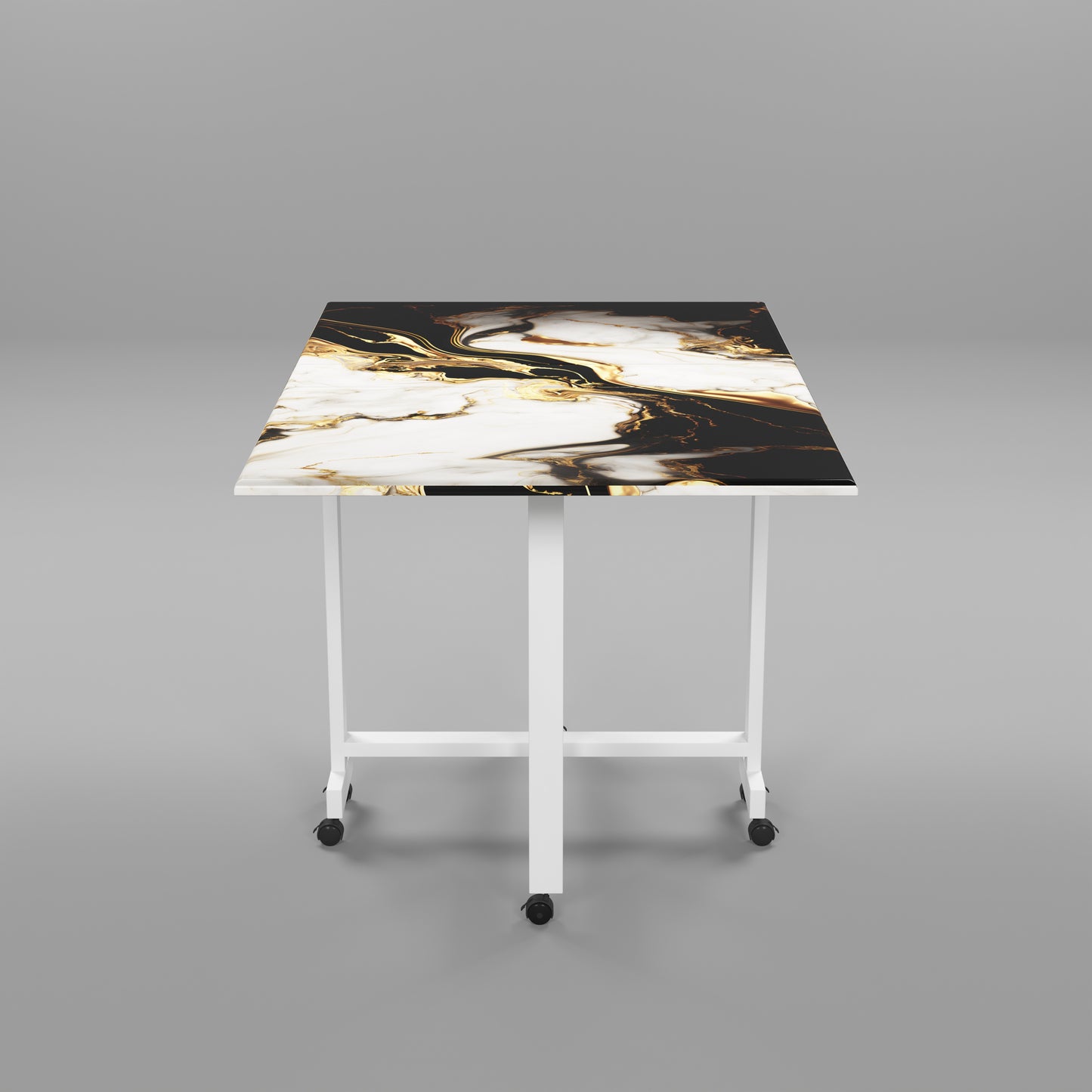 Folding Dining Table(Rectangular, White and Black with Gold Marble, White Metal Frame)
