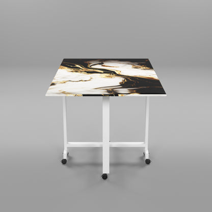 Folding Dining Table(Rectangular, White and Black with Gold Marble, White Metal Frame)