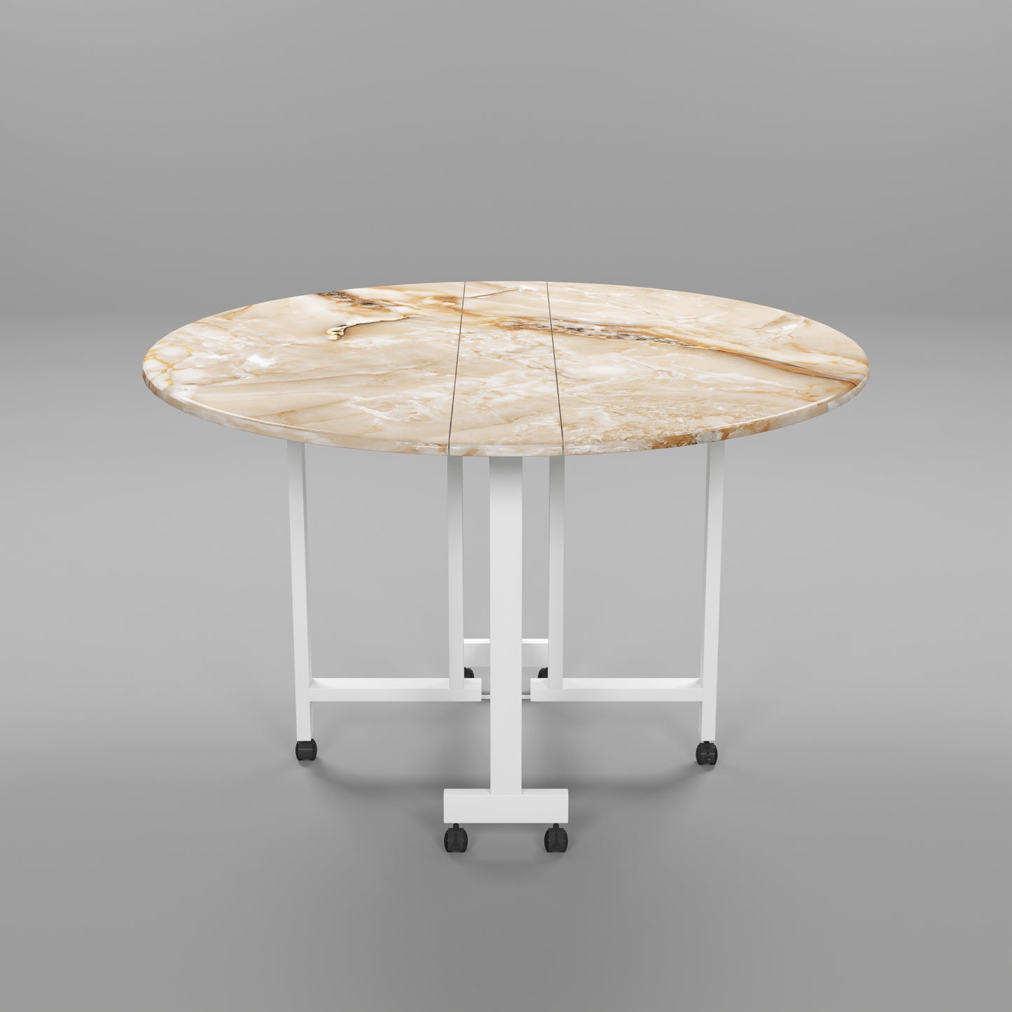 Folding Dining Table( Round, Gold Marble, White Metal Frame)