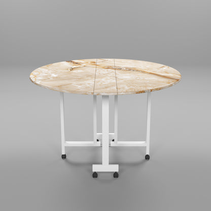 Folding Dining Table( Round, Gold Marble, White Metal Frame)
