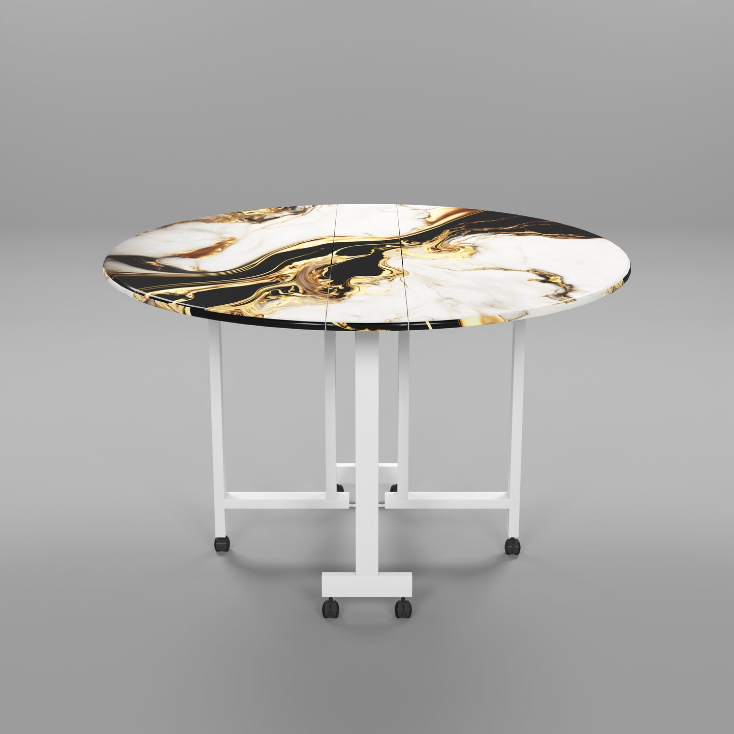 Folding Dining Table( Round, White and Black with Gold Marble, White Metal Frame)