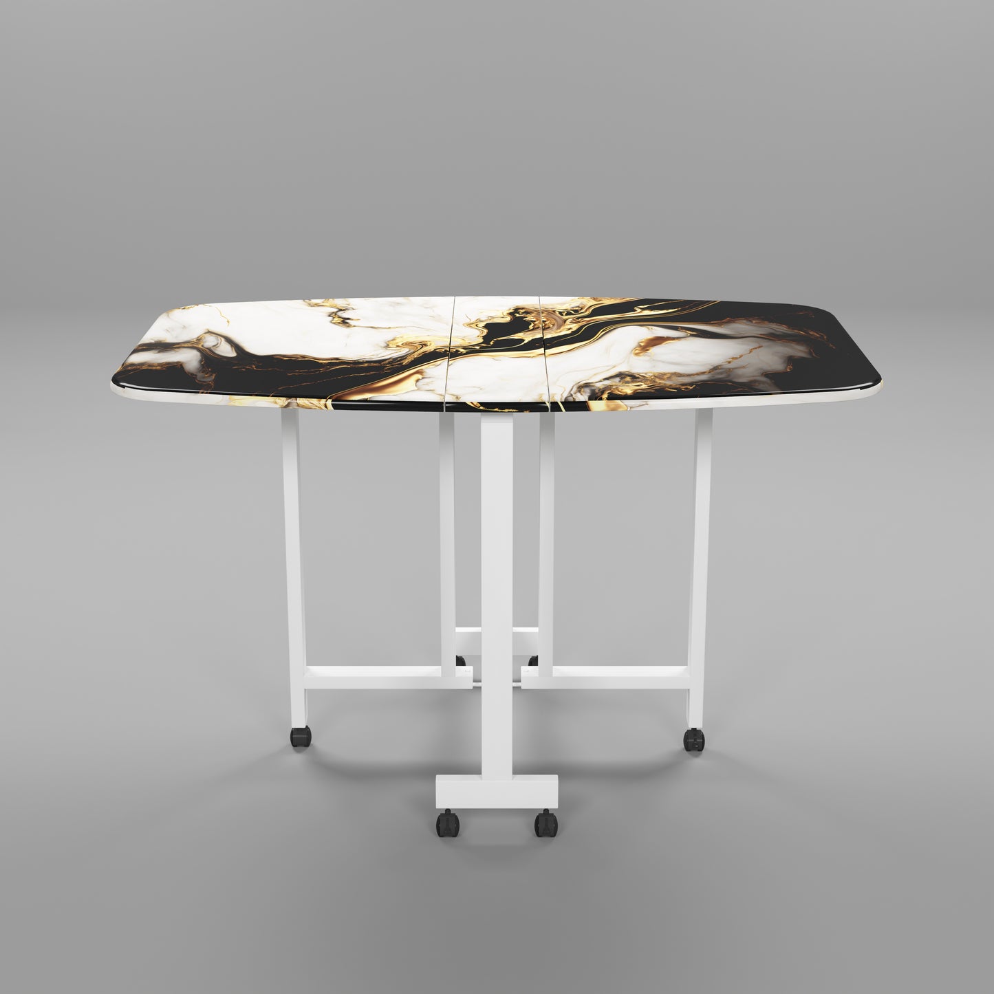 Folding Dining Table( Italian, White and Black with Gold Marble, White Metal Frame)