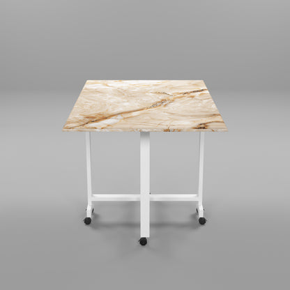 Folding Dining Table(Rectangular, Gold Marble, White Metal Frame)