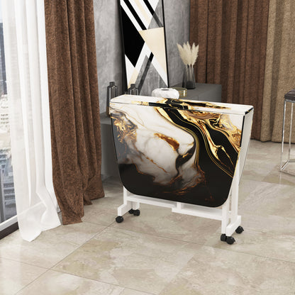 Folding Dining Table( Italian, White and Black with Gold Marble, White Metal Frame)