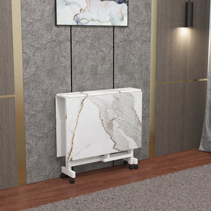 Folding Dining Table(Rectangular, White with Gold Marble, White Metal Frame)