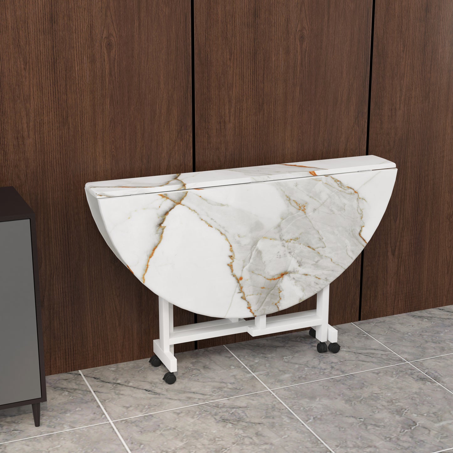 Folding Dining Table( Round, White with Gold Marble, White Metal Frame)