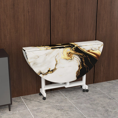 Folding Dining Table( Round, White and Black with Gold Marble, White Metal Frame)