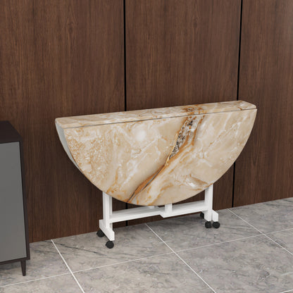 Folding Dining Table( Round, Gold Marble, White Metal Frame)