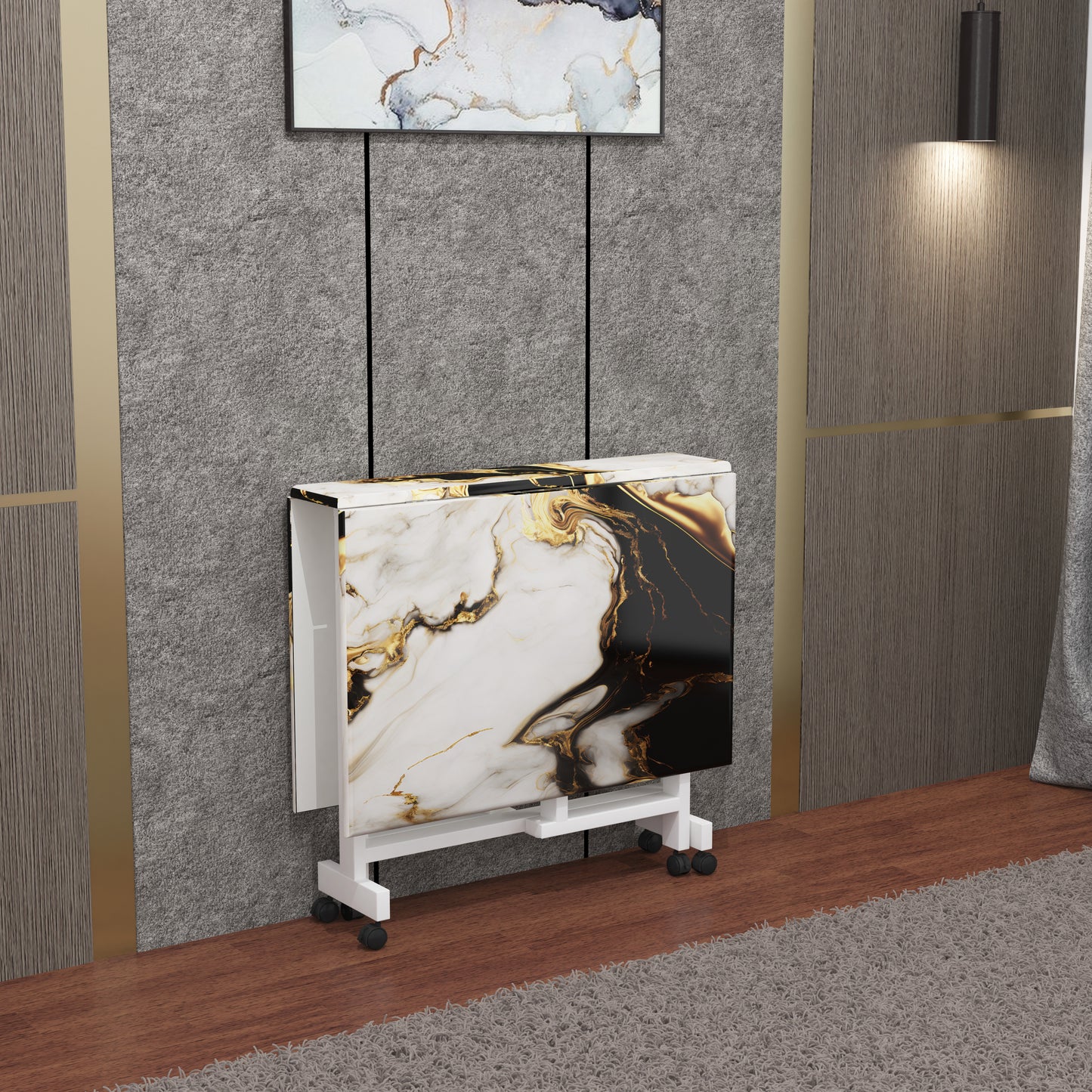 Folding Dining Table(Rectangular, White and Black with Gold Marble, White Metal Frame)