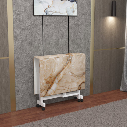 Folding Dining Table(Rectangular, Gold Marble, White Metal Frame)