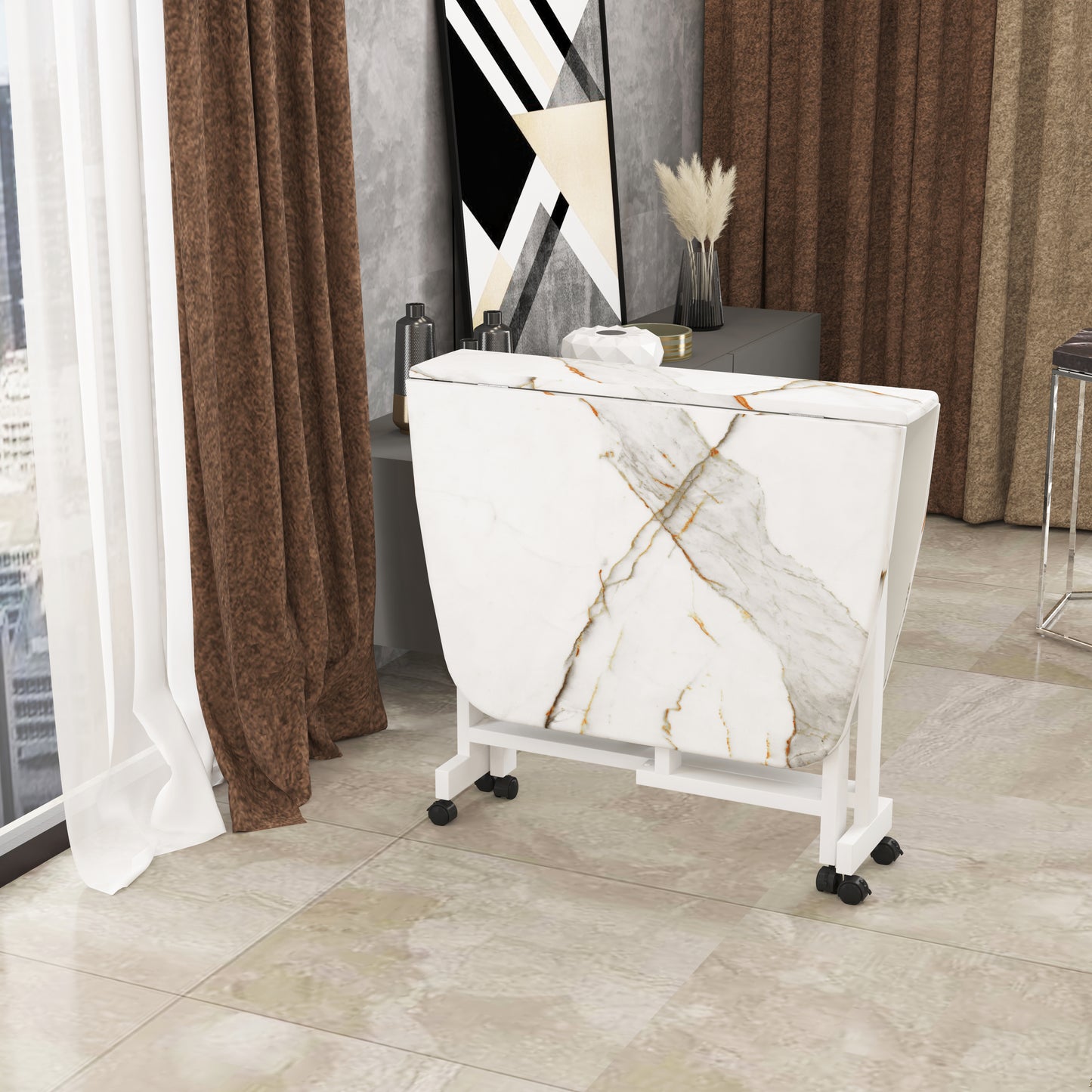 Folding Dining Table( Italian, White with Gold Marble, White Metal Frame)