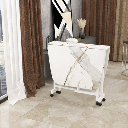 Folding Dining Table( Italian, White with Gold Marble, White Metal Frame)