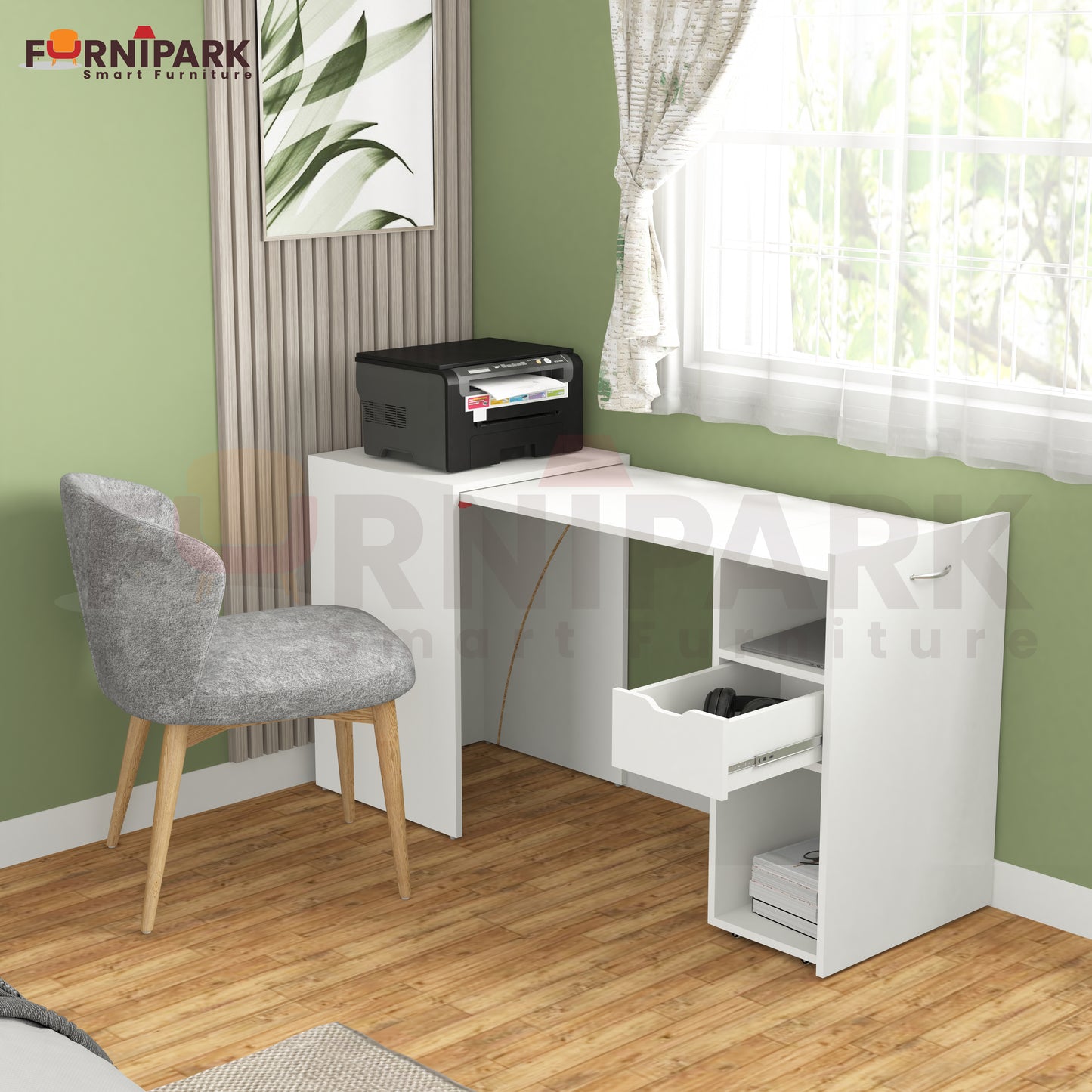 Extendable Table with Drawer (White)