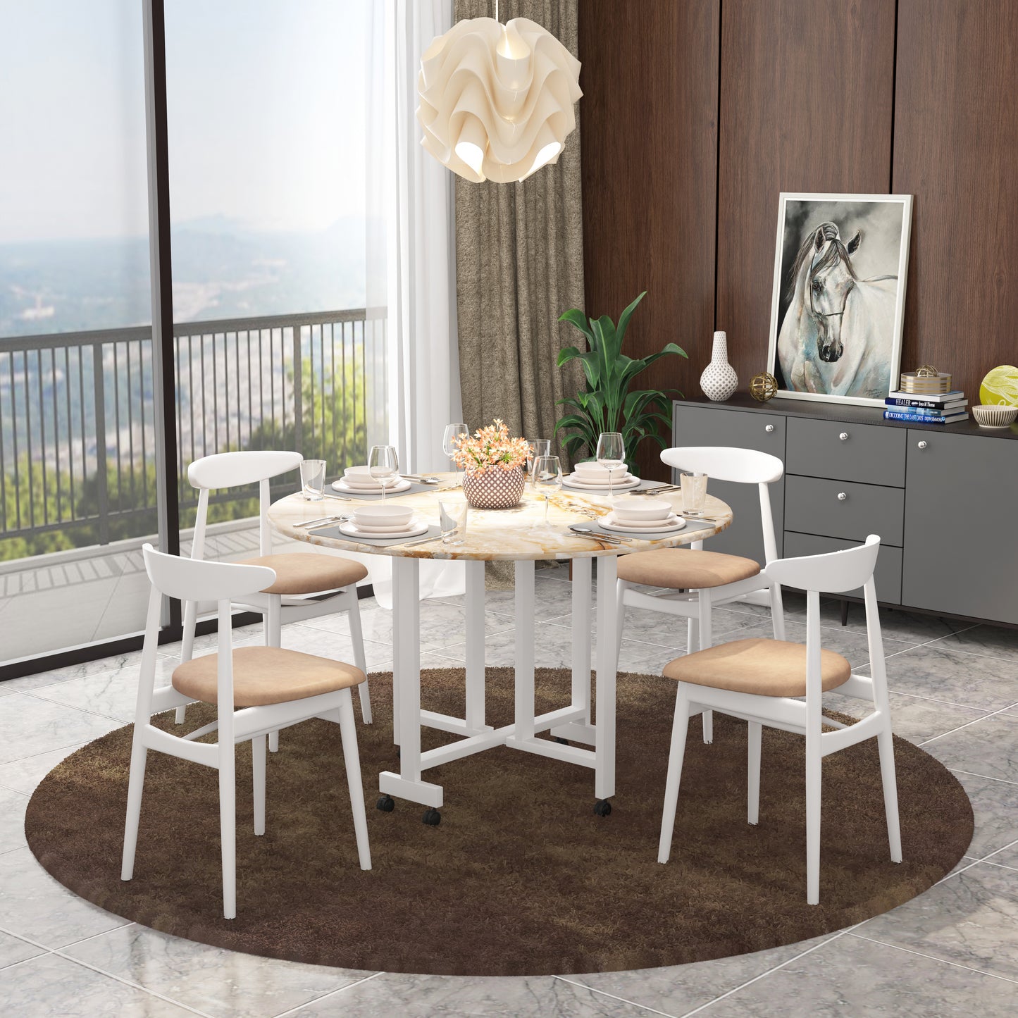 Folding Dining Table( Round, Gold Marble, White Metal Frame)