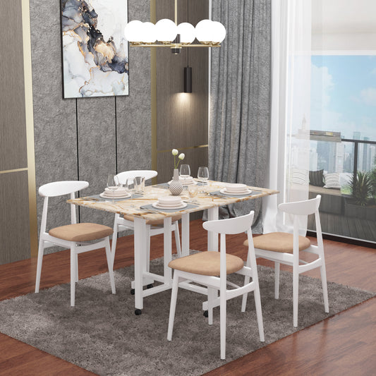 Folding Dining Table(Rectangular, Gold Marble, White Metal Frame)