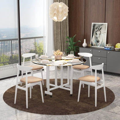 Folding Dining Table( Round, White and Black with Gold Marble, White Metal Frame)