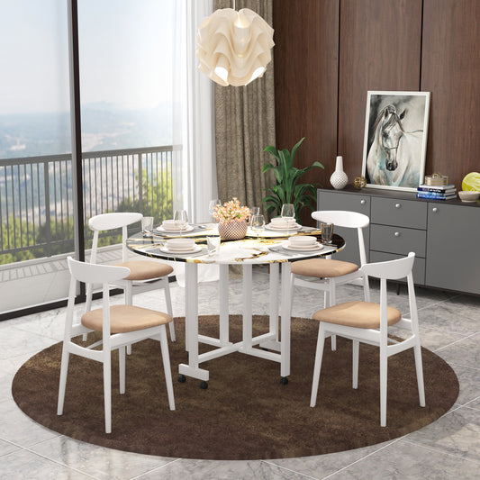 Folding Dining Table( Round, White and Black with Gold Marble, White Metal Frame)