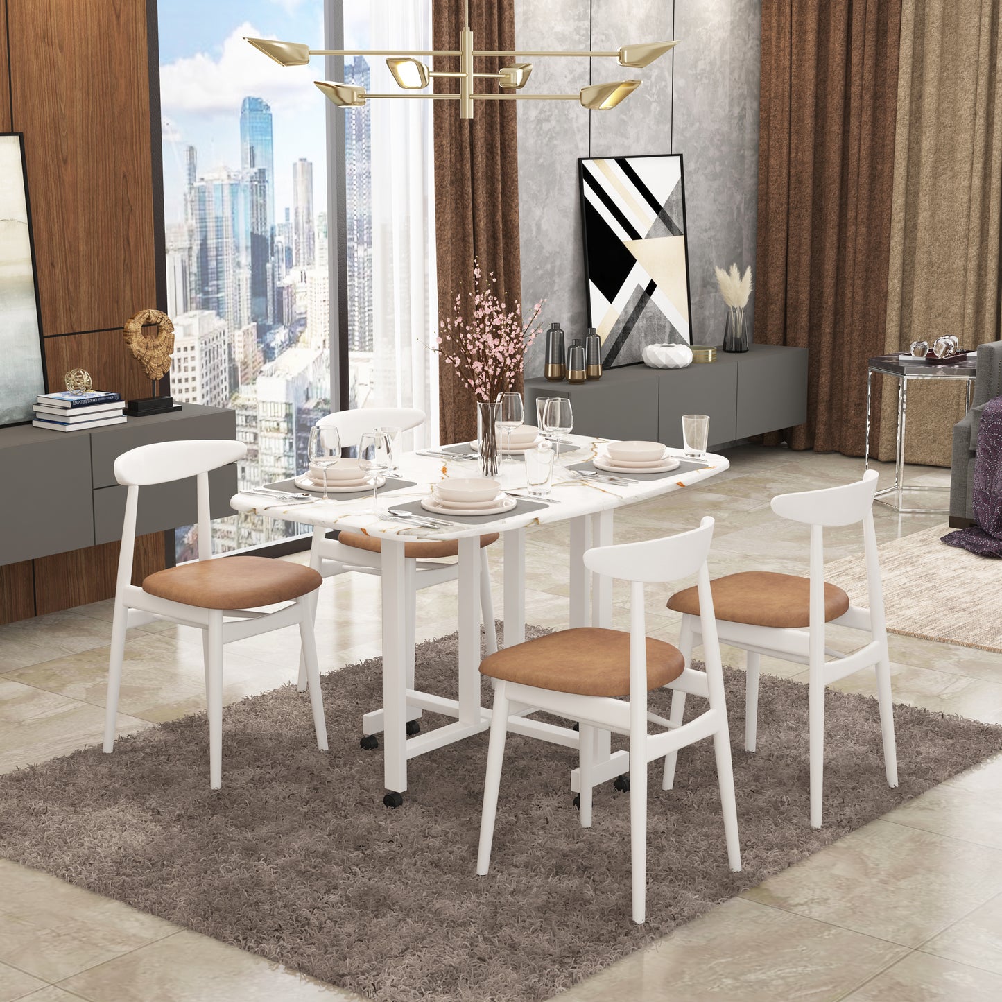 Folding Dining Table( Italian, White with Gold Marble, White Metal Frame)