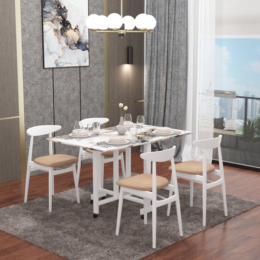 Folding Dining Table(Rectangular, White Marble, White Metal Frame)