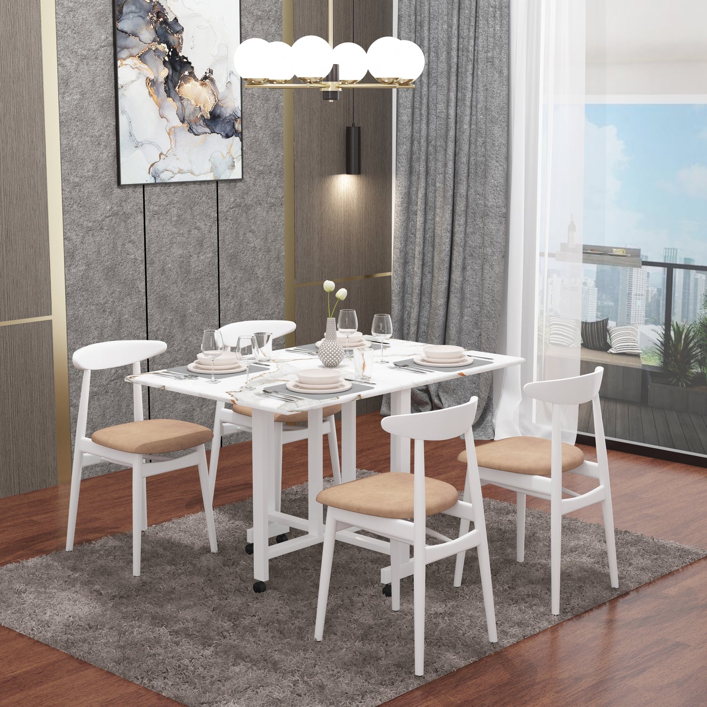 Folding Dining Table(Rectangular, White with Gold Marble, White Metal Frame)