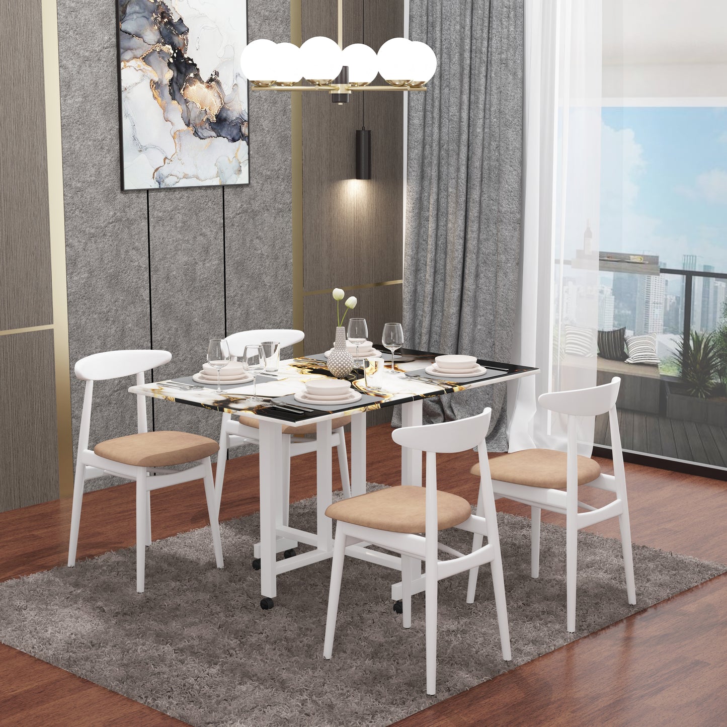 Folding Dining Table(Rectangular, White and Black with Gold Marble, White Metal Frame)