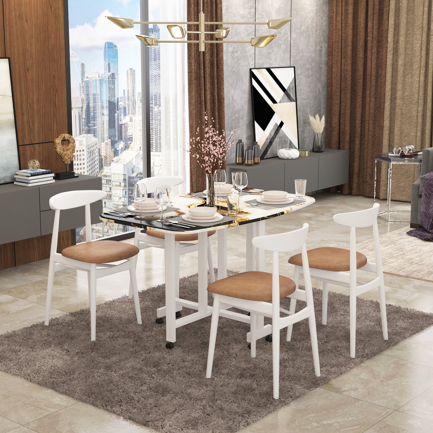 Folding Dining Table( Italian, White and Black with Gold Marble, White Metal Frame)