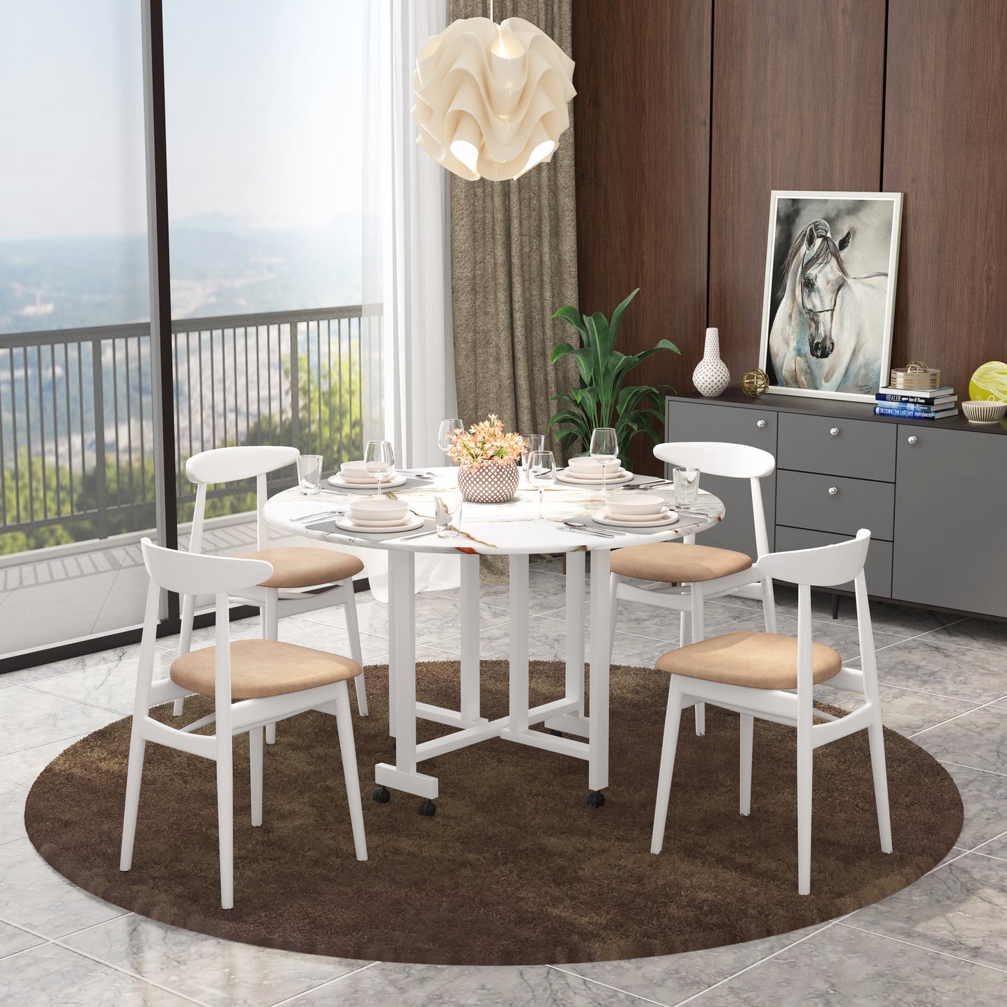 Folding Dining Table( Round, White with Gold Marble, White Metal Frame)