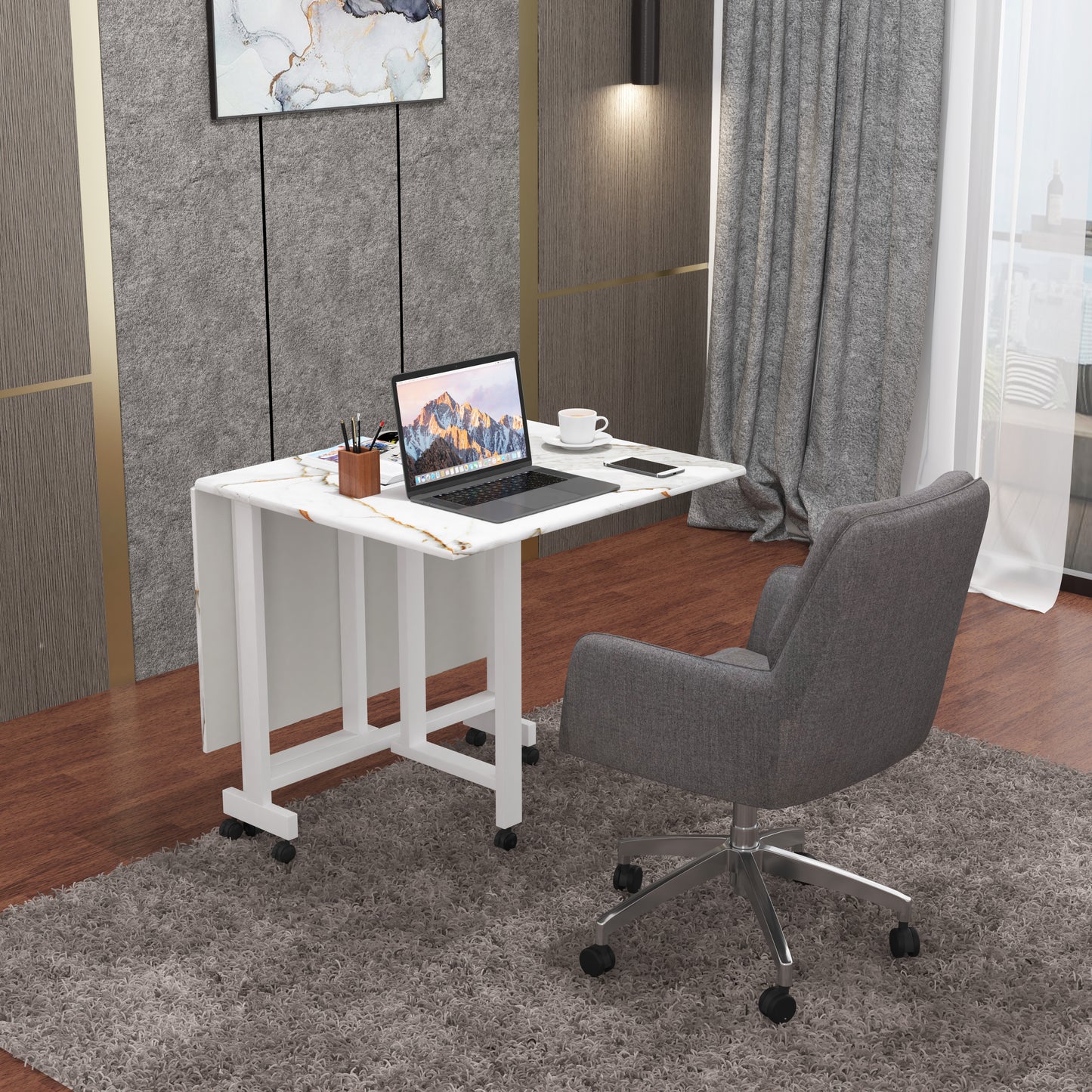 Folding Dining Table(Rectangular, White with Gold Marble, White Metal Frame)